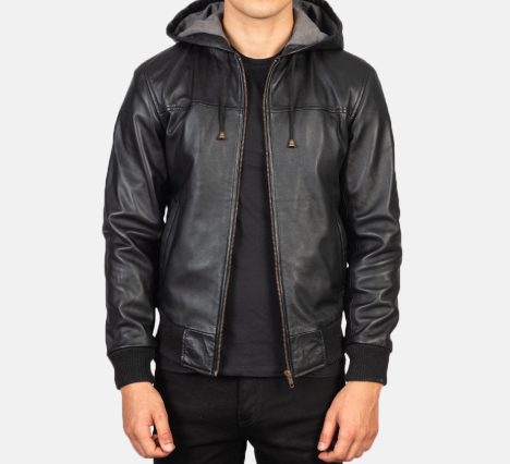 Black Hooded Leather Bomber Jacket