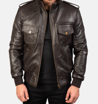 Shadow Brown Leather Bomber Jacket