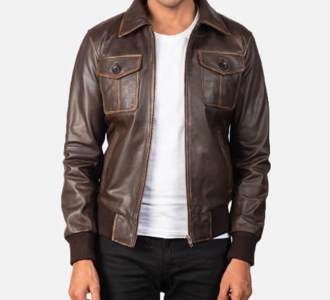 Brown Leather Bomber Jacket