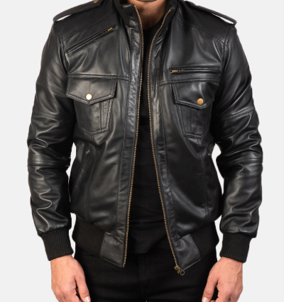 Shadow Black Leather Bomber Jacket