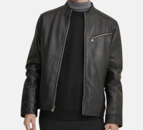 Leather Men's Leather Jacket with Zipper Pockets