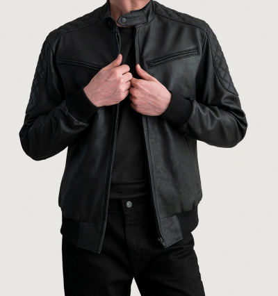 Sven Tumbled Black Leather Bomber Jacket