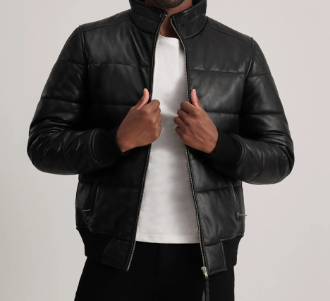 Black Leather Puffer Bomber Jacket