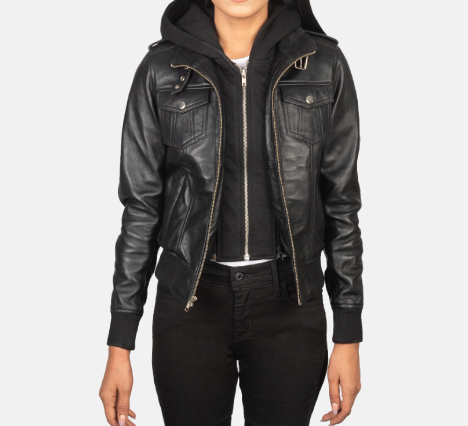 Roslyn Black Hooded Leather Bomber Jacket